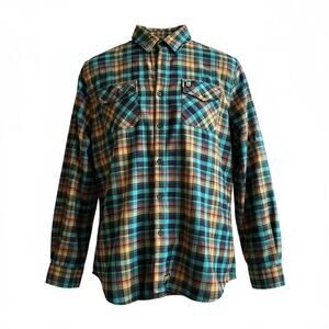 Born Scum WARHOUND Shirt Mens Size 3XL Plaid Long Sleeve Flannel Blue Yellow
